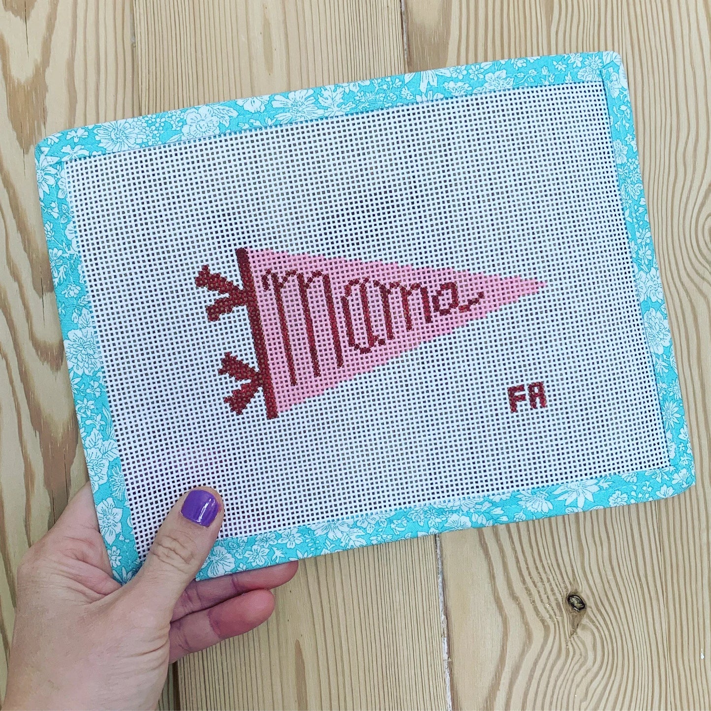 pink and red pennant saying mama on 13 mesh needlepoint canvas