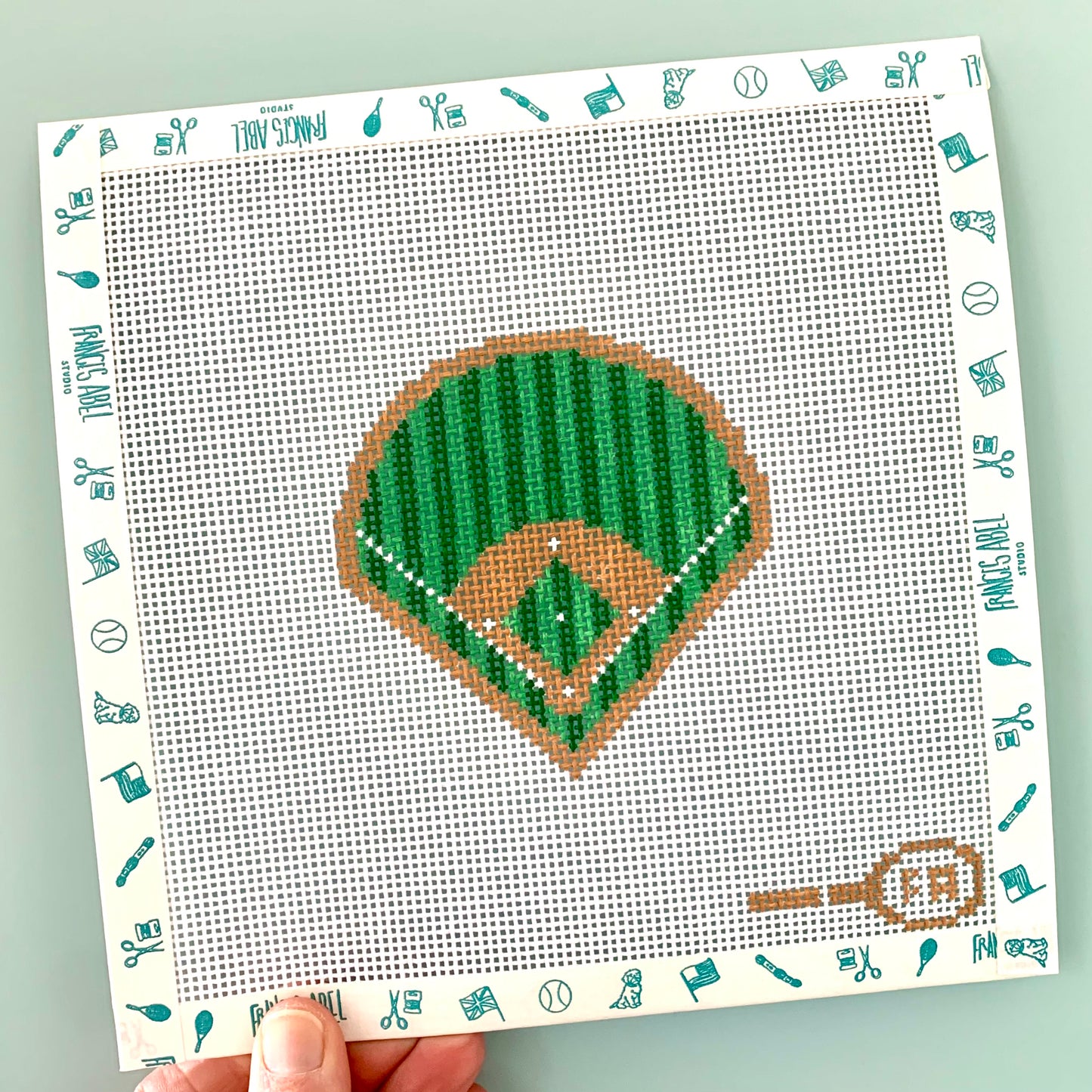 Baseball field needlepoint canvas kit—green diamond with bases and infield dirt, 3.6″ square on 13-mesh, DIY sports project