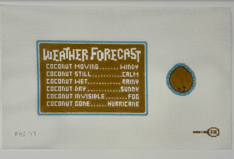 Close-up of Coconut Weather Station needlepoint canvas—detailed coconut-shaped weather gauges on 18-mesh canvas