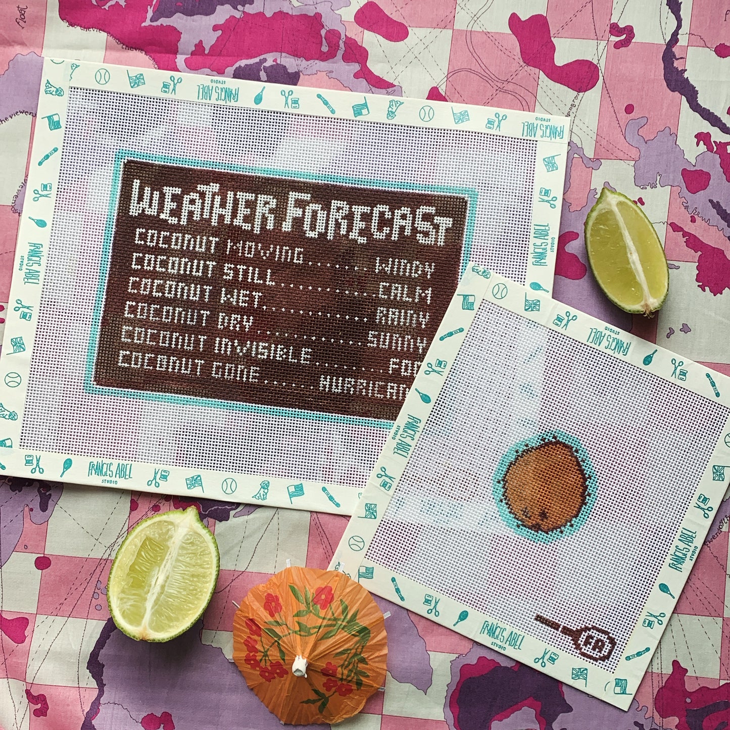 Coconut Weather Station needlepoint canvas kit—weather station design with coconut-shaped gauges on 18-mesh, 6.5 × 4″ DIY décor project