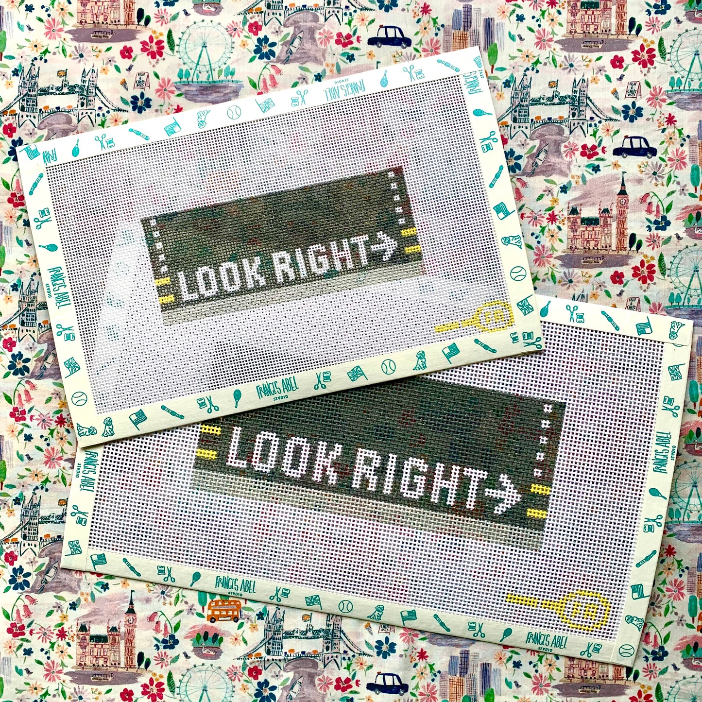 Look Right needlepoint canvas kit—green London street-crossing sign with right-pointing arrow, rectangular 1.8 × 5.5″ on 13-mesh and 18-mesh DIY ornament