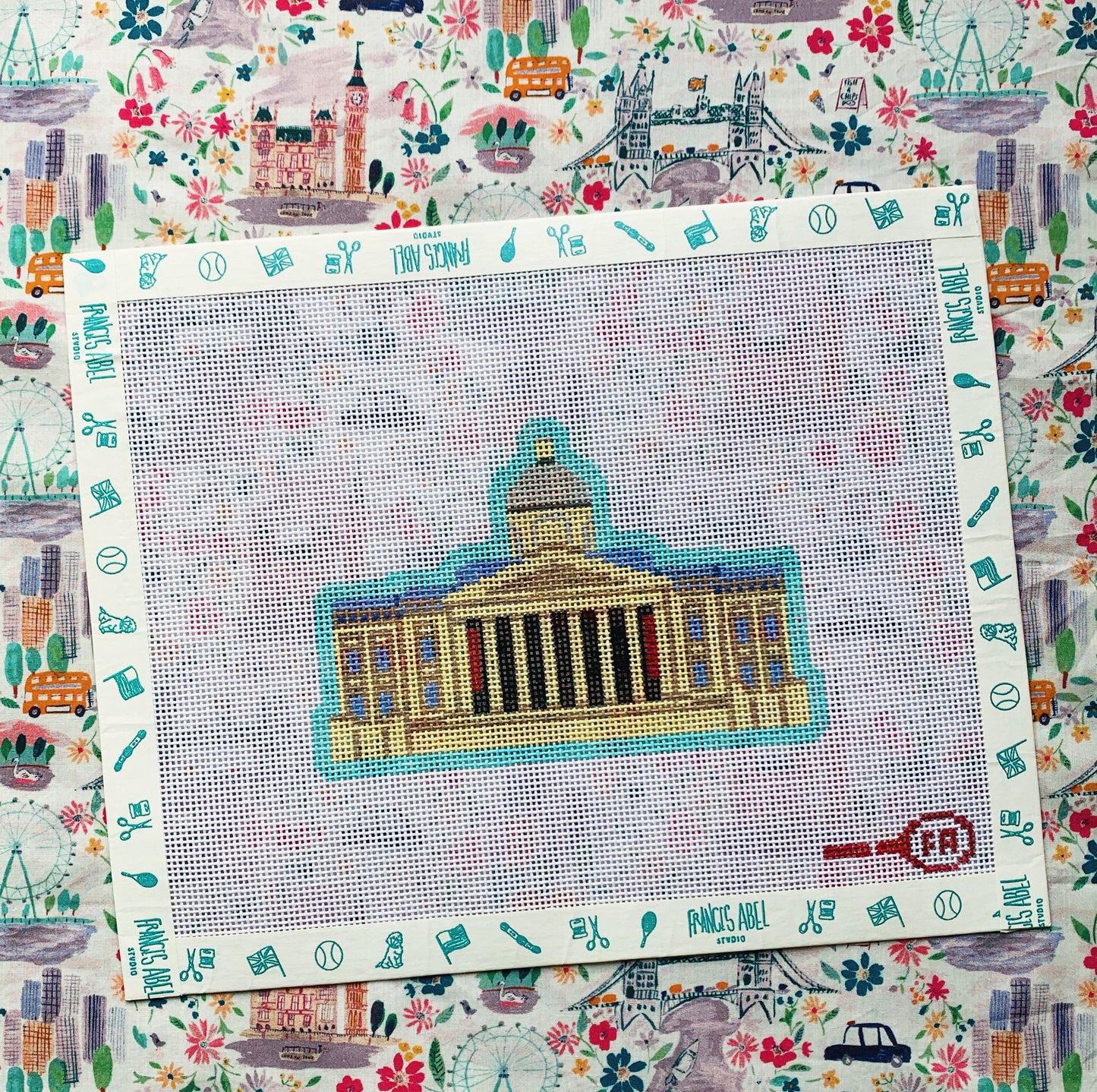 National Gallery London needlepoint canvas kit—Trafalgar Square facade with columns and dome, 8 × 5″ on 13-mesh DIY project
