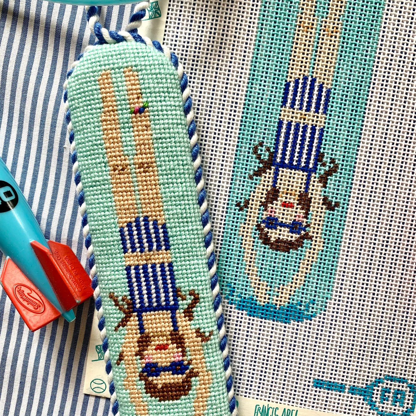 Pool Rats girl needlepoint canvas kit—retro swimmer in blue-striped suit on aqua pool, 13-mesh DIY craft
