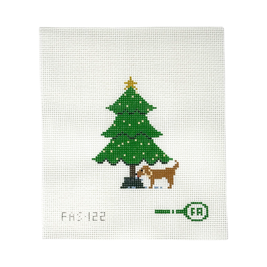 Dog drinking Christmas-tree stand water needlepoint canvas kit — green tree with star, 3.5 × 4.5″ on 13-mesh DIY holiday project