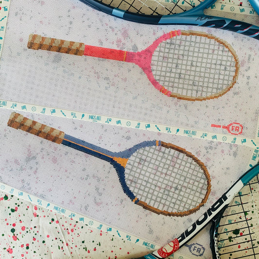 Large tennis racket needlepoint canvas kit—pink and blue rackets, 13-mesh DIY sports décor project
