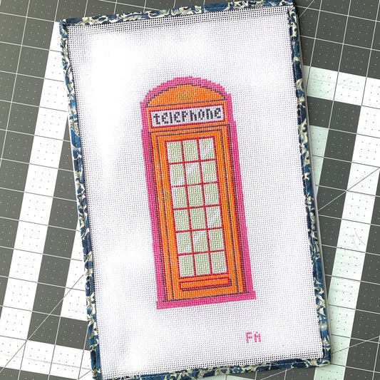 London telephone booth needlepoint canvas—iconic red phone booth printed on natural 13-mesh canvas, 4.25 × 8″ DIY London décor project

