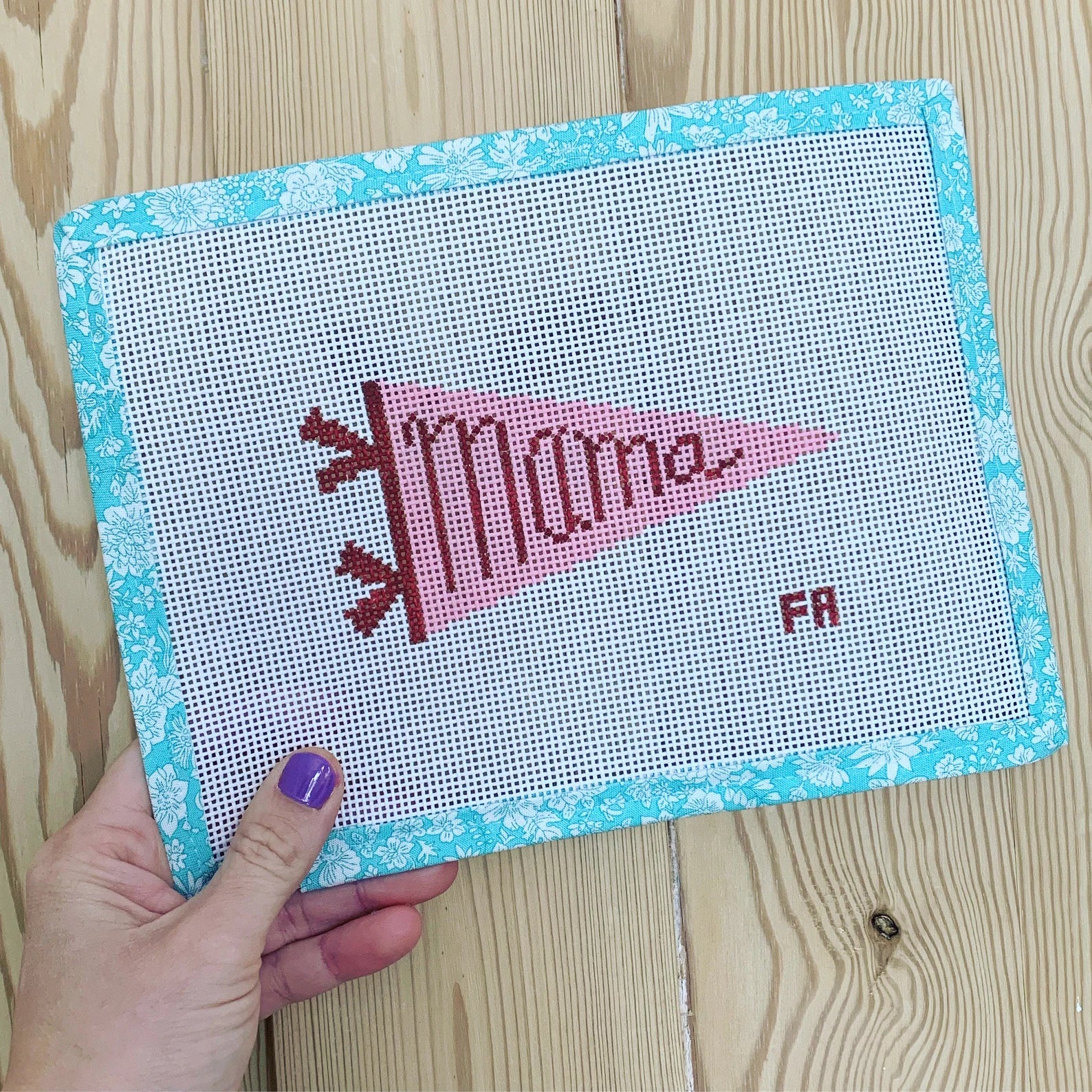pink and red pennant saying mama on 13 mesh needlepoint canvas