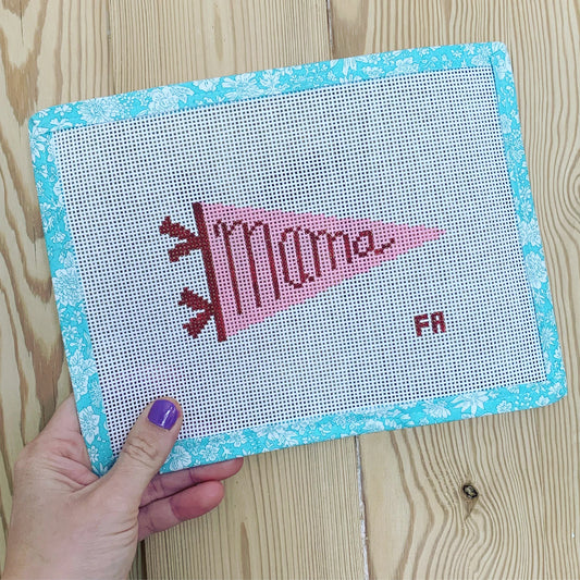 pink and red pennant saying mama on 13 mesh needlepoint canvas
