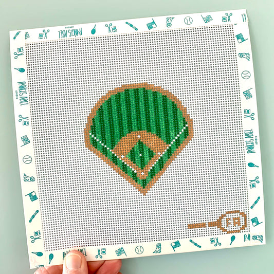 Baseball field needlepoint canvas kit—green diamond with bases and infield dirt, 3.6″ square on 13-mesh, DIY sports project 
