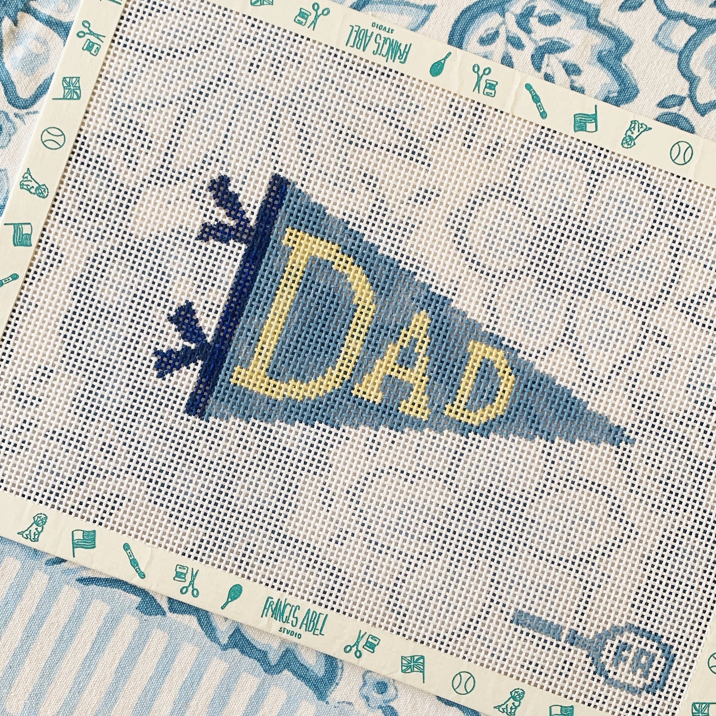 Dad pennant needlepoint canvas kit, retro banner design in blue and cream, 13-mesh DIY Fathers Day gift project