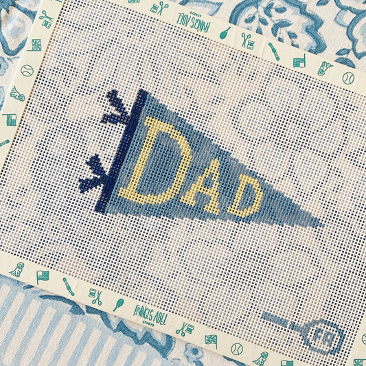 Dad pennant needlepoint canvas kit, retro banner design in blue and cream, 13-mesh DIY Fathers Day gift project