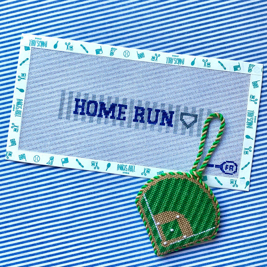 Home Run key-fob needlepoint canvas kit—navy “HOME RUN” text with home-plate icon, 6.5 × 1 in on 18-mesh, DIY baseball gift