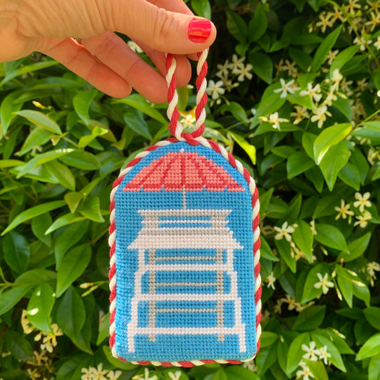 Lifeguard chair needlepoint canvas kit—red-and-white beach tower, 1.8 × 5.5″ on 13-mesh, Summer Series DIY ornament