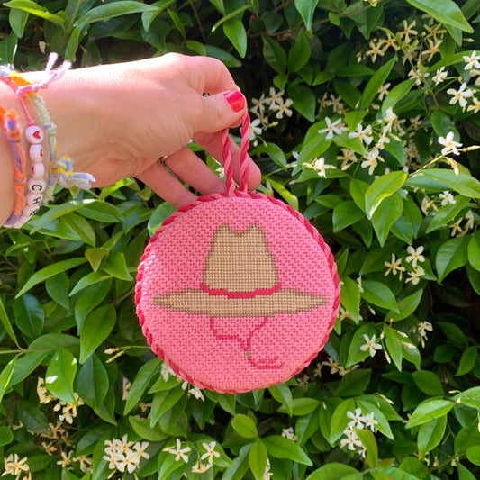 Lifeguard hat needlepoint canvas kit—yellow summer hat with red band, 1.8 × 5.5″ on 13-mesh, Summer Series DIY ornament