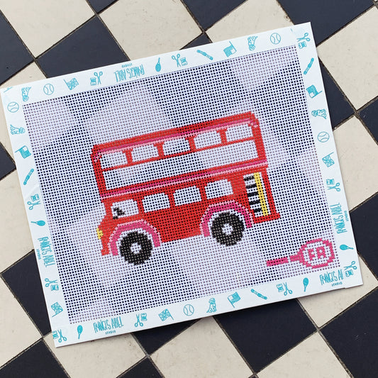 Classic red double-decker London bus needlepoint canvas—stylized bus design on natural 13-mesh canvas, DIY transport décor project
