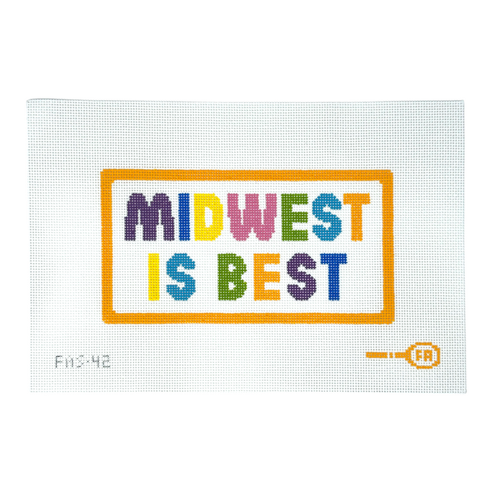 Midwest Is Best needlepoint canvas kit—multicolored block letters framed by an orange rectangular border on natural 13-hpi canvas, 4.5 × 8.7″ DIY décor project 
