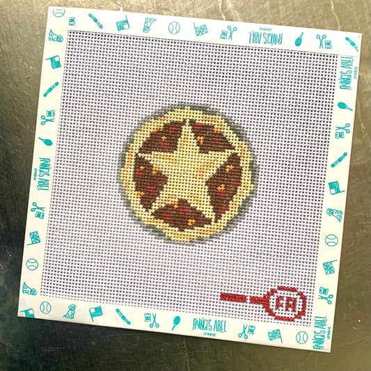 Mince pie needlepoint canvas kit—golden pie with star-topped crust, 3.5″ round on 13-mesh, DIY holiday ornament
