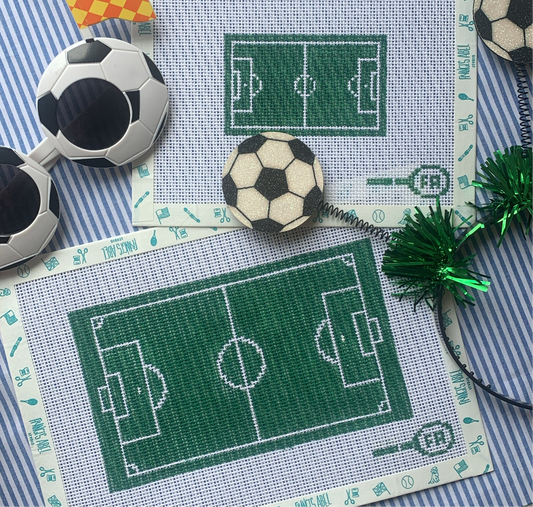 Mini tennis court needlepoint canvas—green court layout with white boundary lines and center net graphic printed on natural 13-mesh canvas for DIY sports décor
