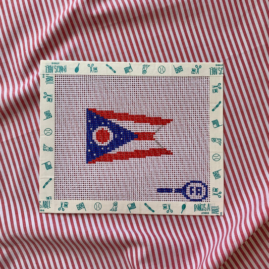 Mini Ohio Flag needlepoint canvas—swallowtail pennant design with red and white stripes and blue canton featuring white “O” and stars, 3¼ × 2″ on 13-hpi mesh DIY project
