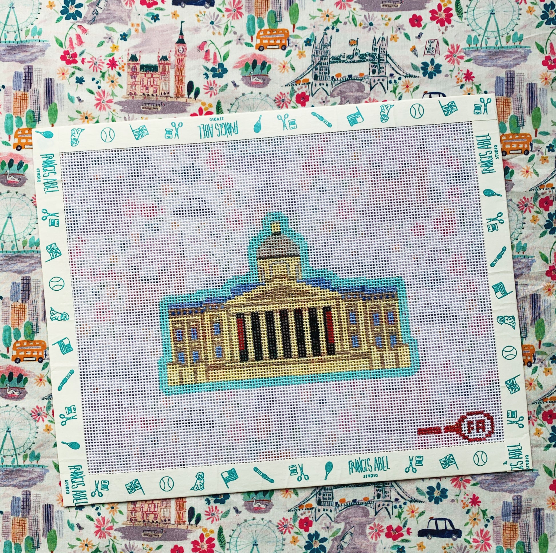 National Gallery London needlepoint canvas kit—Trafalgar Square facade with columns and dome, 8 × 5″ on 13-mesh DIY project