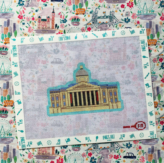 National Gallery London needlepoint canvas kit—Trafalgar Square facade with columns and dome, 8 × 5″ on 13-mesh DIY project