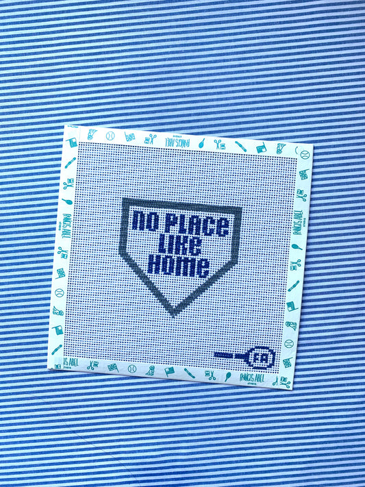‘No Place Like Home’ needlepoint canvas ornament—navy text inside baseball-home-plate shape, 4.2 × 4.5″ on 13-mesh DIY project