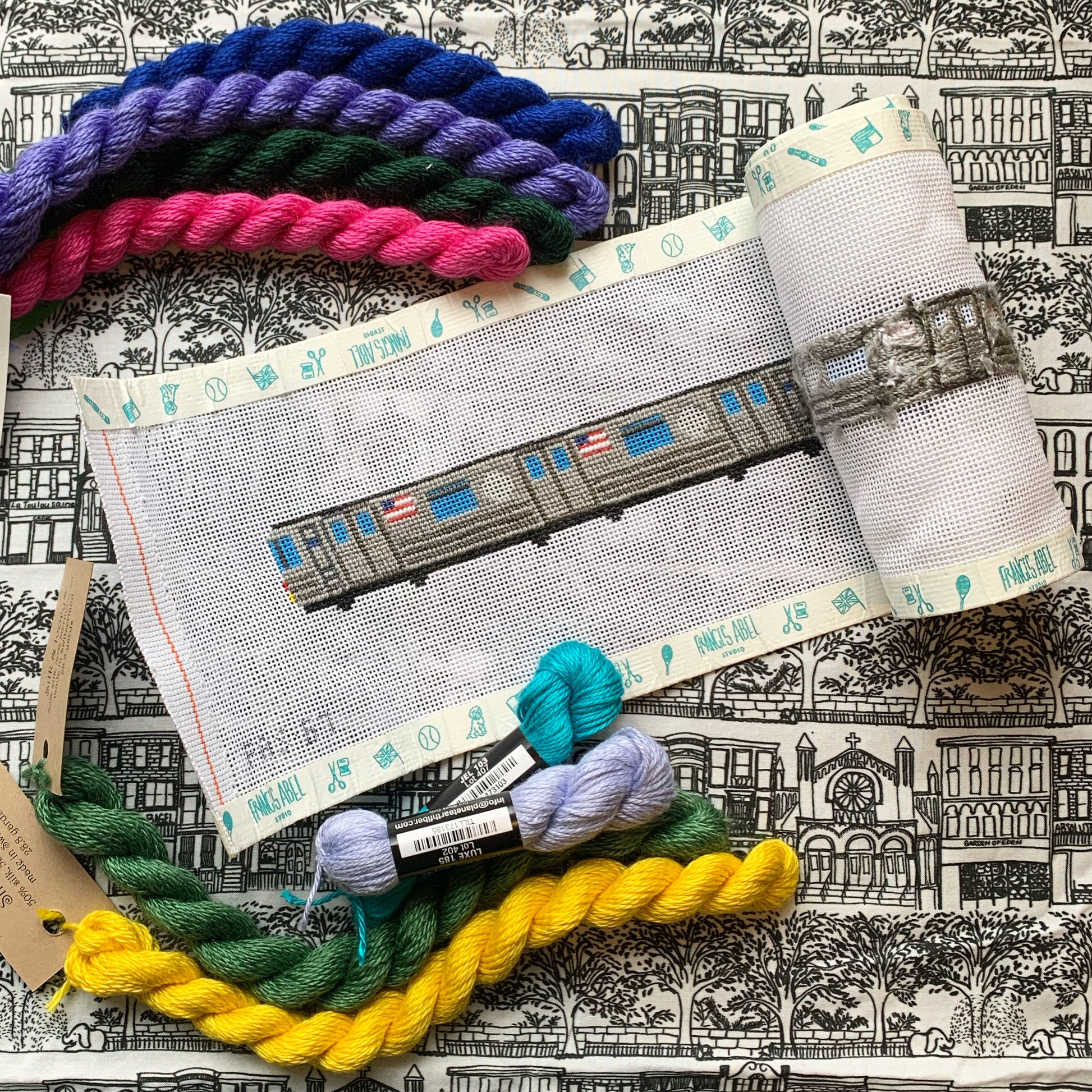 NYC subway belt/hat band/bag strap needlepoint canvas—repeat stylized grey subway car motif on natural 18-mesh canvas, 1.2″ × 36.4″ DIY accessory kit