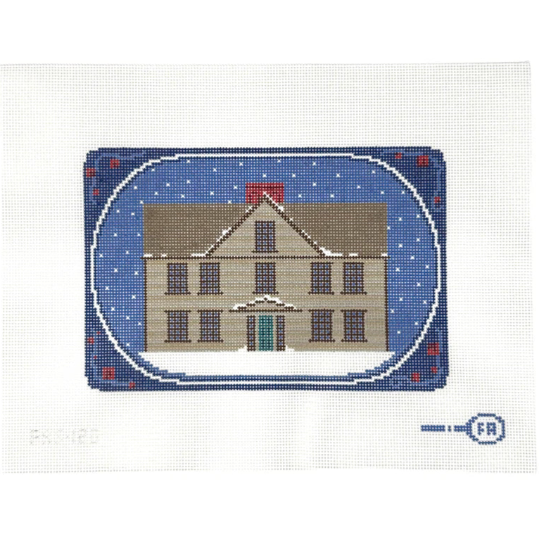  ‘Orchard House’ needlepoint canvas—Little Women house portrait in olive and brick tones, 8 × 7″ on 13-mesh DIY project