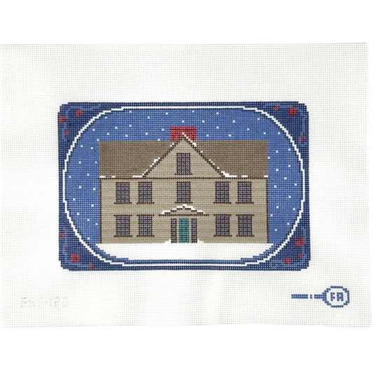  ‘Orchard House’ needlepoint canvas—Little Women house portrait in olive and brick tones, 8 × 7″ on 13-mesh DIY project