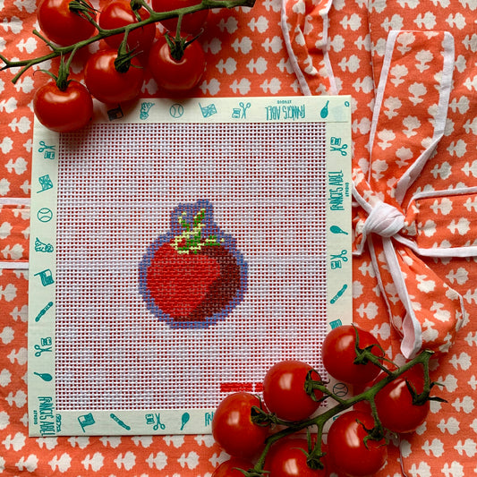 Mini tomato needlepoint canvas kit—red “Piccolo Pomodoro” tomato with green stem, about 2½″ square on 18-mesh, DIY kitchen ornament
