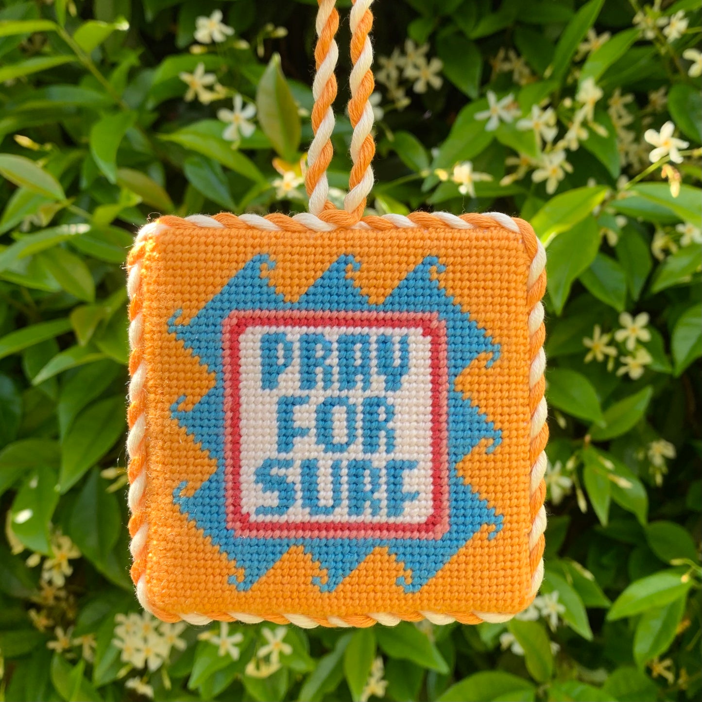 ‘Pray for Surf’ needlepoint canvas kit—square 3.6″ on 13-mesh, retro pastel surf stripes, Summer Series DIY décor 