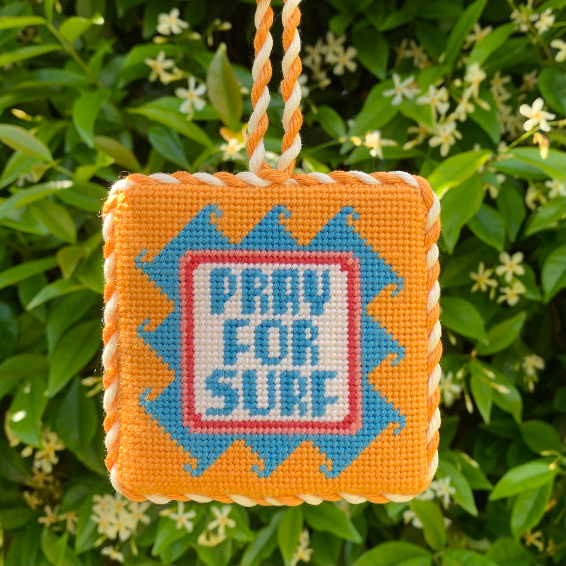 ‘Pray for Surf’ needlepoint canvas kit—square 3.6″ on 13-mesh, retro pastel surf stripes, Summer Series DIY décor 