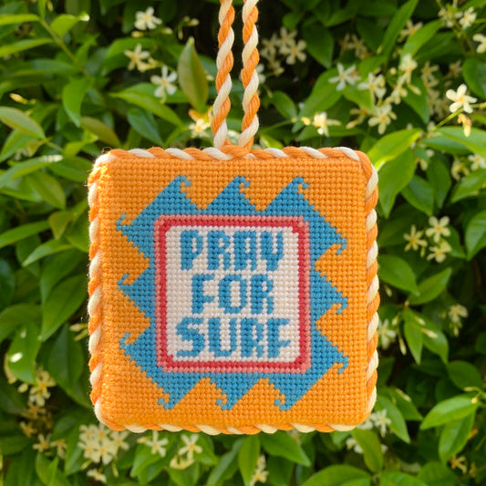 ‘Pray for Surf’ needlepoint canvas kit—square 3.6″ on 13-mesh, retro pastel surf stripes, Summer Series DIY décor 