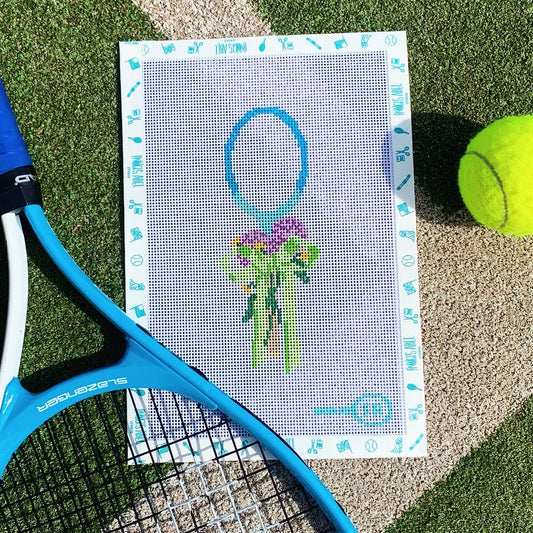 Summer Tennis Racket needlepoint canvas—teal racket head outline with purple and green floral wreath printed on natural 14 HPI canvas 
