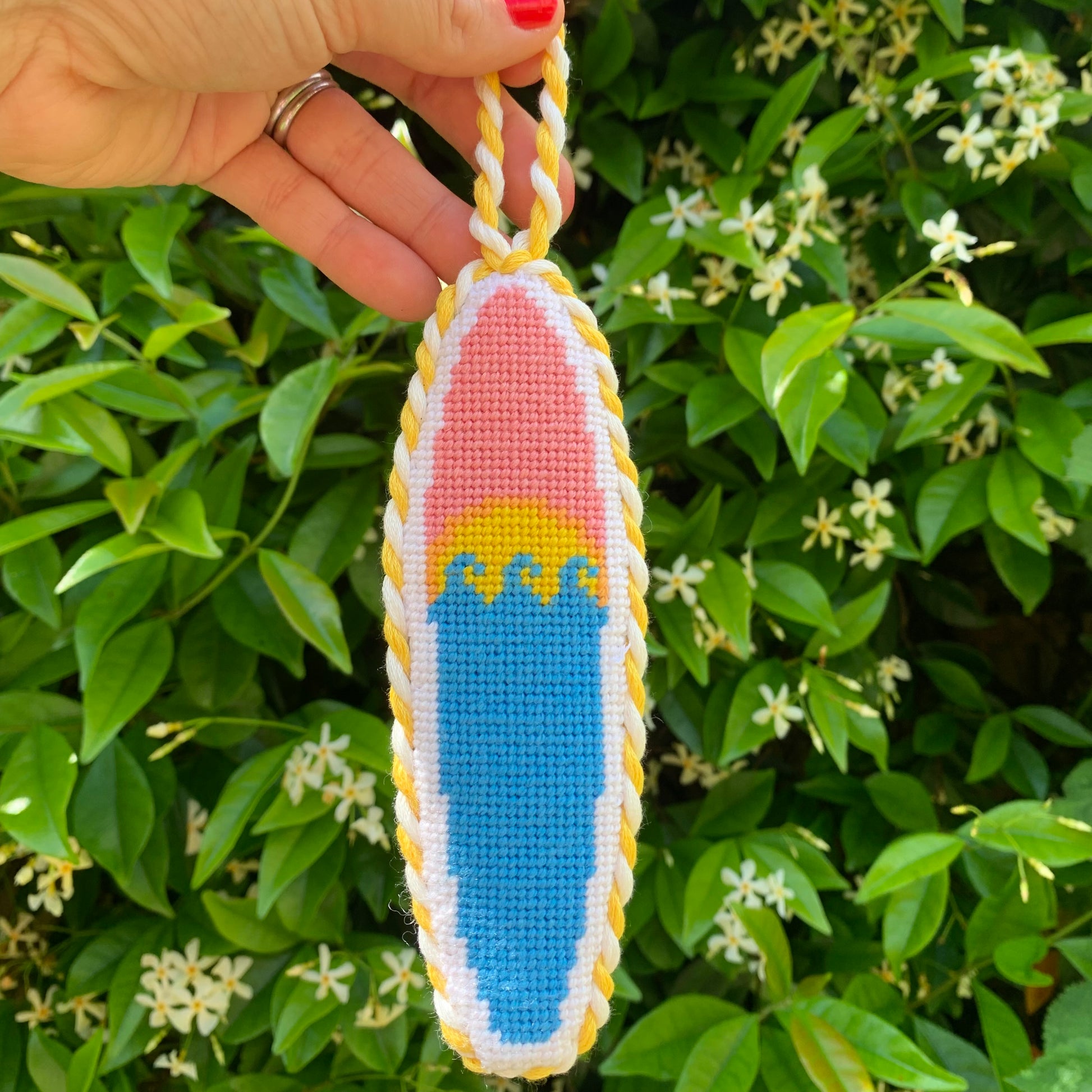Surfboard needlepoint canvas kit—pastel sunrise surfboard motif, 1.8 × 5.5″ on 13-mesh, DIY Summer Series ornament 