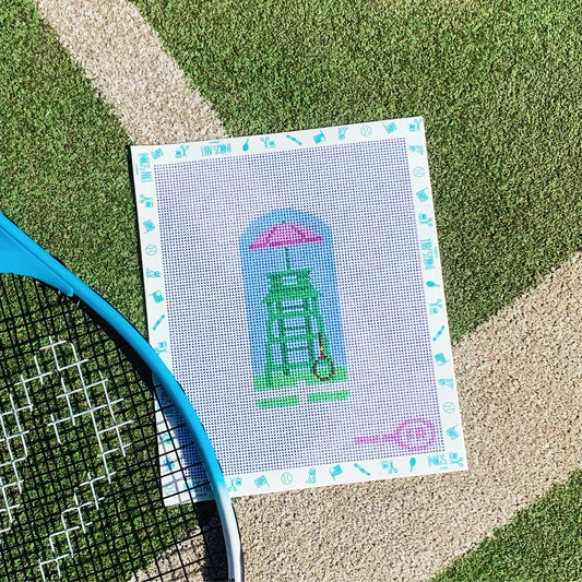 Tennis umpire chair needlepoint canvas kit—tall green umpire chair silhouette with ladder on natural 13-mesh canvas, 2½ × 5″ DIY tennis décor project