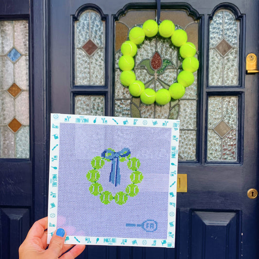 Tennis wreath needlepoint canvas kit—3.5″ square natural 13-HPI mesh printed with a ring of bright yellow tennis ball motifs for DIY front-door décor 