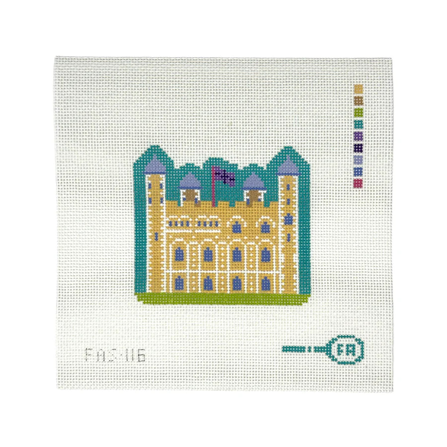 Close-up of Tower of London needlepoint canvas—pink and teal color-block stitches showing fortress silhouette detail on 13-mesh