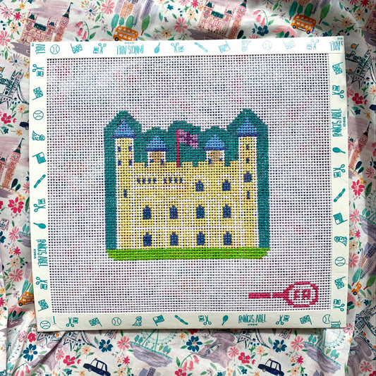 Tower of London needlepoint canvas kit—stylized fortress silhouette in bold pink and teal, 4.75 × 4.25″ on 13-mesh DIY décor project
