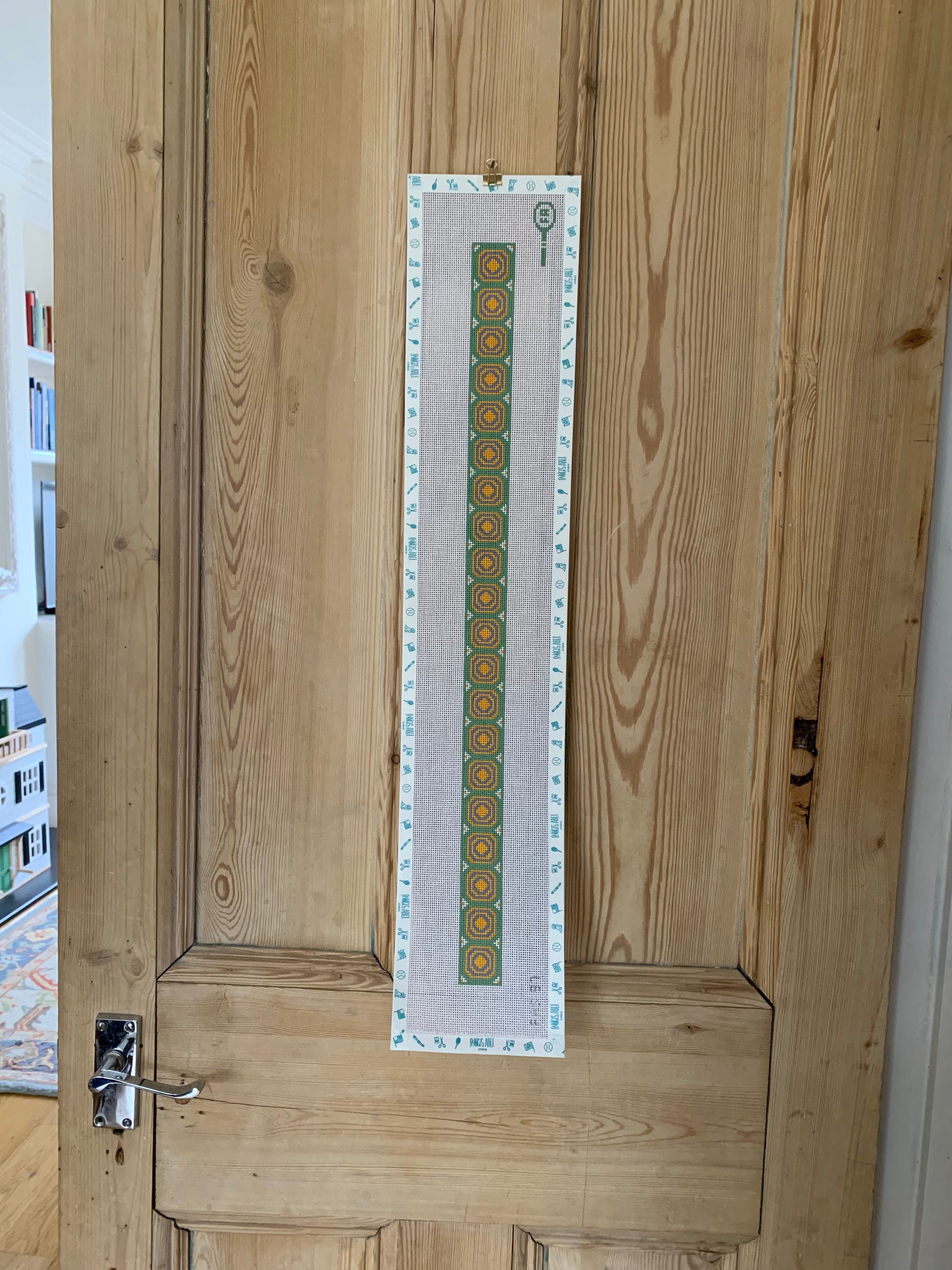 Union Station Hat Band needlepoint canvas kit in green—ceiling-inspired geometric pattern, 24½ × 1⅕″ on 14-mesh DIY accessory 