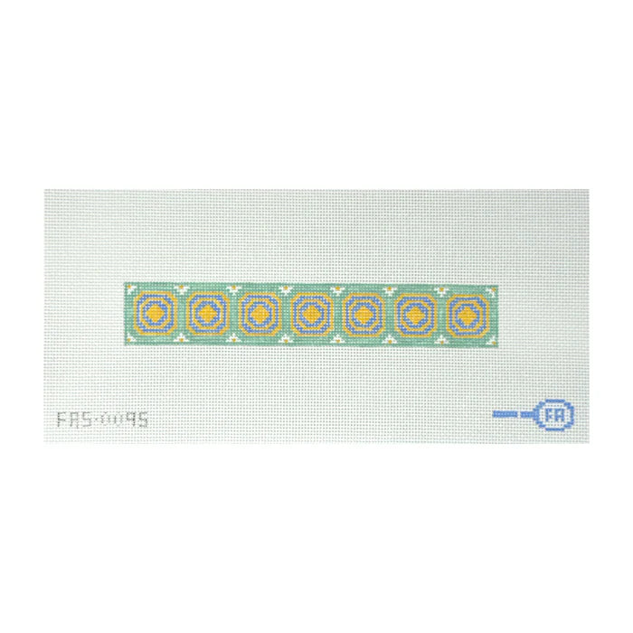 Union Station green key-fob needlepoint canvas—repeat yellow and teal circle motifs on natural 14-mesh canvas 